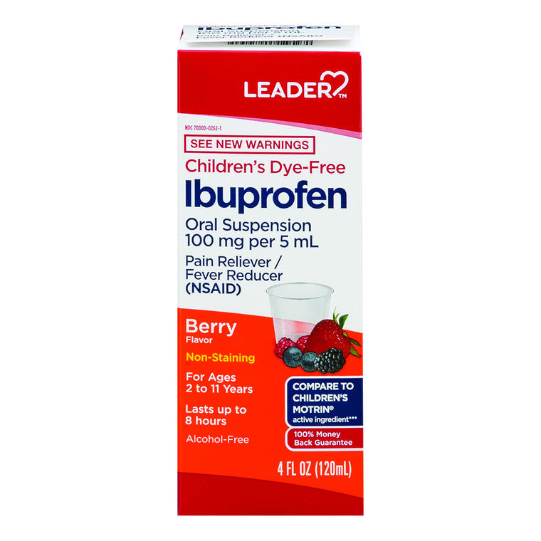 Leader Health Care Leader™ Children’s Ibuprofen Oral Suspension – Berry Flavor (4 fl oz) Medicine & Drugs Firebrick