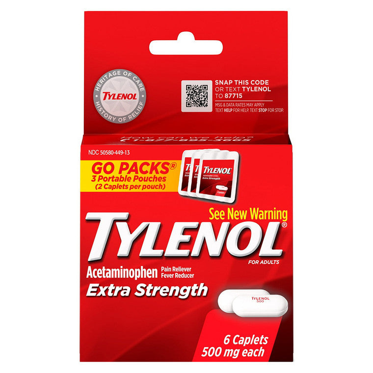 Tylenol Tylenol Extra Strength Go Pack, 500mg Acetaminophen, Travel Size, 6 Caplets Medicine & Drugs Red