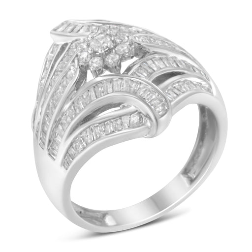 Bids.com .925 Sterling Silver 1-1/8 Cttw Round & Baguette Diamond 'Flower & Fern' Cluster Cocktail Fashion Ring (I-J Color, I2-I3 Clarity) - Size 6 Rings White Smoke 8 / White.Sterling Silver,7 / White.Sterling Silver,6 / White.Sterling Silver,7.25 / White.Sterling Silver,7.75 / White.Sterling Silver,7.5 / White.Sterling Silver,6.75 / White.Sterling Silver,6.5 / White.Sterling Silver,6.25 / White.Sterling Silver