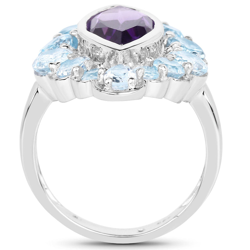 Bids.com 5.30 Carat Genuine Amethyst and Blue Topaz .925 Sterling Silver Ring Rings White Smoke size 6.00,size 7.00,size 8.00,size 9.00