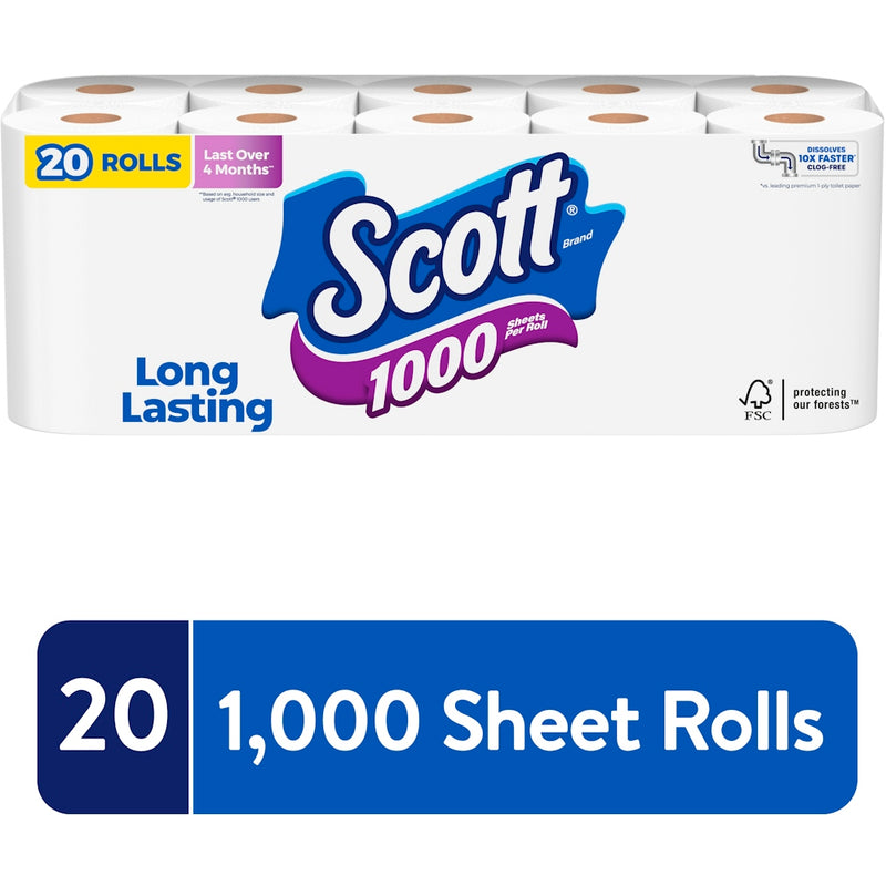 Scott Scott Standard Roll Bathroom Tissue, Septic Safe, 1-Ply, White, 1,000 Sheets/Roll, 20/Pack, 2 Packs/Carton Toilet Paper White Smoke