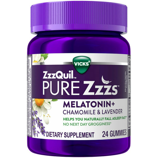 Vicks ZzzQuil Pure Zzzs Melatonin+Chamomile & Lavender Gummies Wildberry Vanilla 24Ct Health & Beauty White Smoke