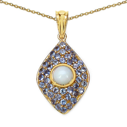 Bids.com 14K Yellow Gold Plated 1.82 Carat Genuine Ethiopian Opal & Tanzanite .925 Sterling Silver Pendant Pendants White Smoke