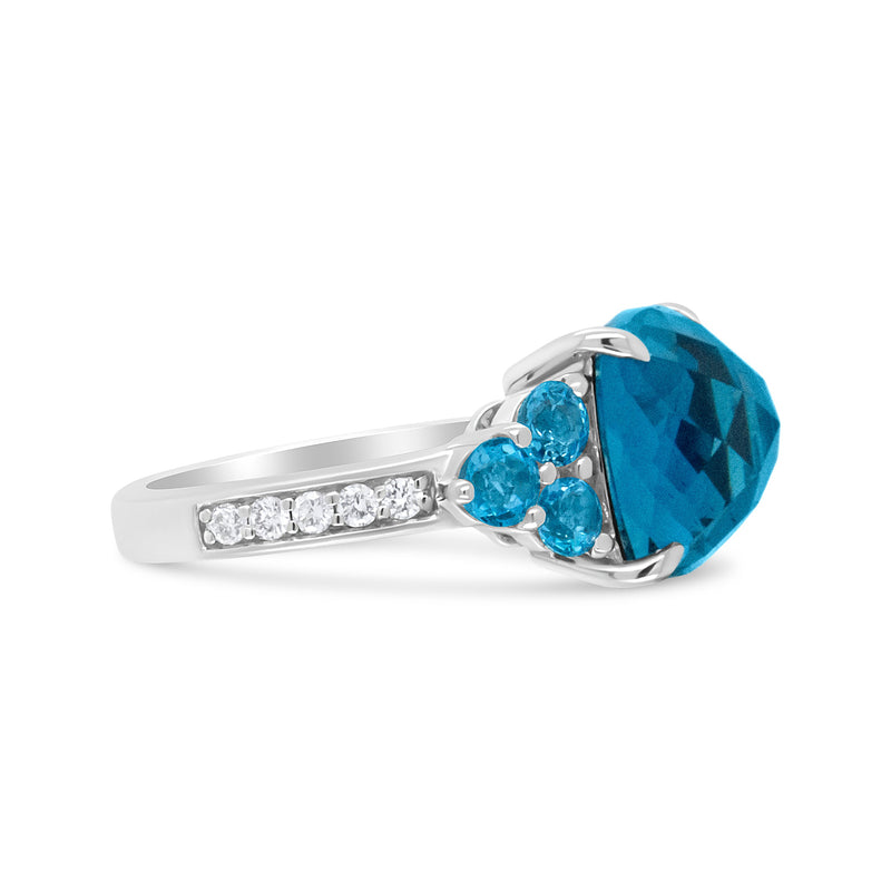 Bids.com 18K White Gold 10mm Cushion Shaped Blue Topaz and 1/6 Cttw Diamond 3 Stone Style Ring (F-G Color, VS1-VS2 Clarity) - Ring Size 6.5 Rings White Smoke 6.5 / White.Gold