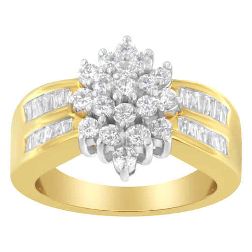 Bids.com 10K Yellow Gold 1.0 Cttw Round & Baguette Cut Diamond Floral Cluster Double-Channel Flared Band Statement Ring (H-I Color, SI2-I1 Clarity) - Size 6-1/2 Rings White Smoke 6 / Yellow.Gold,7 / Yellow.Gold,8 / Yellow.Gold,7.5 / Yellow.Gold,6.5 / Yellow.Gold