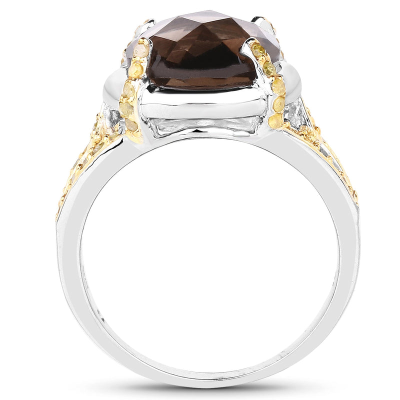 Bids.com 3.28 Carat Genuine Smoky Quartz and Yellow Diamond .925 Sterling Silver Ring Rings White Smoke size 6.00,size 7.00,size 8.00,size 9.00