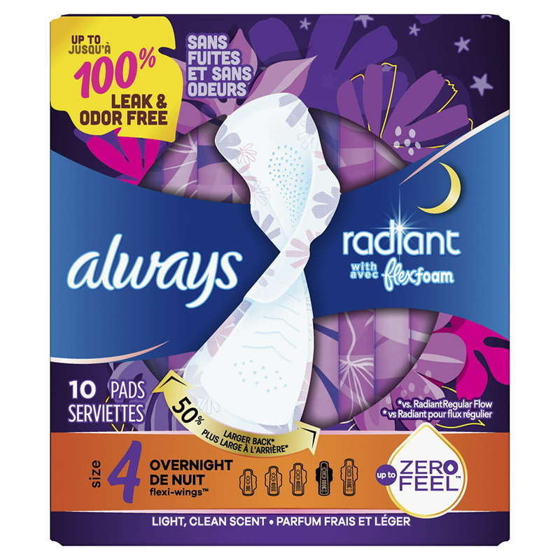 Always Always Radiant Pads, With Flex Foam, Overnight, Light, Clean Scent, Size 4 Personal Care White Smoke