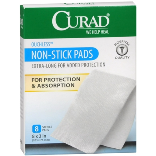 Curad Curad Non-Stick Sterile Pads, Ouchless Wound Protection – 3" x 8", 8 Count First Aid Gray
