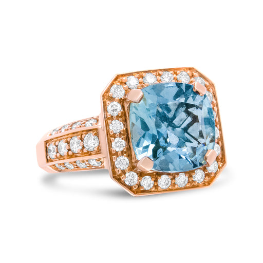 Bids.com 18K Rose Gold 10x10mm Cushion Shaped Aquamarine and 1 1/8 Cttw Round Diamond Halo Ring (F-G Color, VS1-VS2 Clarity) - Ring Size 6.5 Rings White Smoke 6.5 / Yellow.Gold