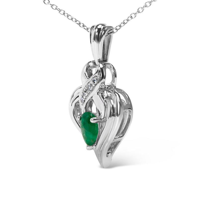 Bids.com .925 Sterling Silver 6x4mm Pear Emerald and Diamond Accent Heart Pendant Necklace (H-I Color, SI1-SI2 Clarity) - 18 Inches Necklaces White Smoke White.Sterling Silver / 18