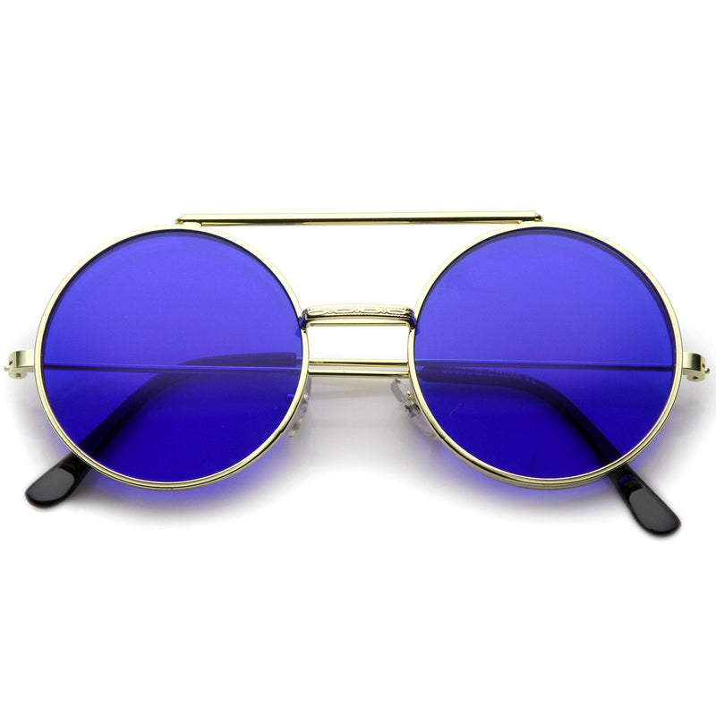 zeroUV Steampunk Vintage Circle Round Flip Up Vintage Sunglasses 8793 Sunglasses White Smoke Gold Blue