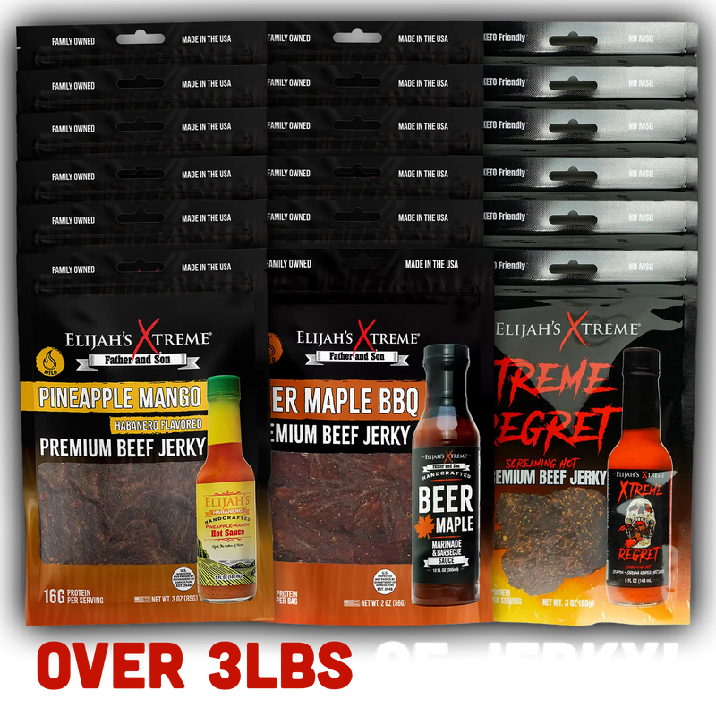Elijah's Xtreme Elijah’s Xtreme Beef Jerky Bulk Trio - 6 bags of Each Flavor, 18 bags total (3lbs) Beef Jerky Black