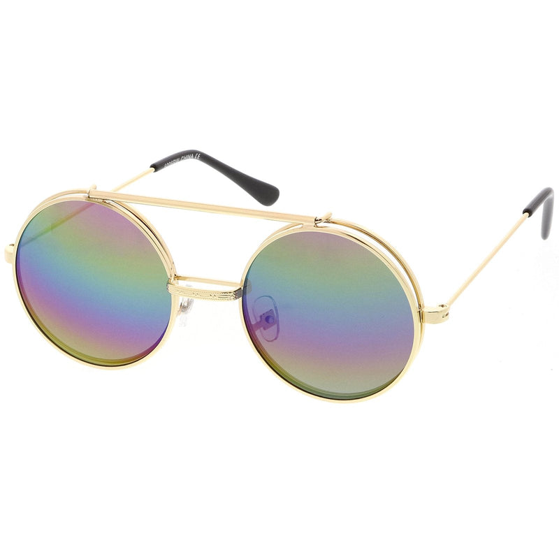 zeroUV Retro Round Steampunk Mirrored Lens Flip Up Sunglasses 8966 Sunglasses White Smoke Gold Rainbow