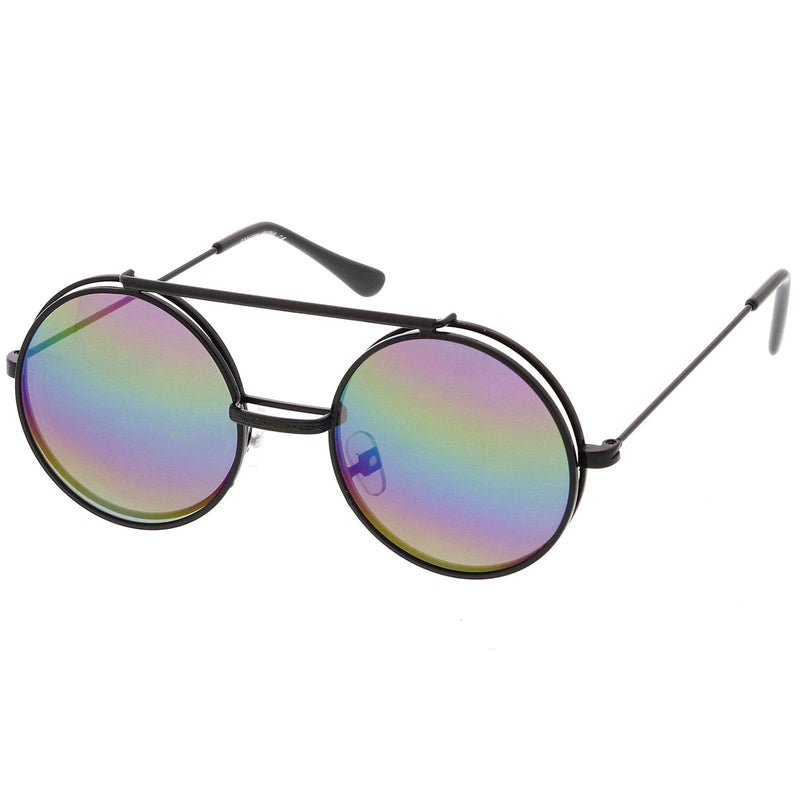 zeroUV Retro Round Steampunk Mirrored Lens Flip Up Sunglasses 8966 Sunglasses White Smoke Black Rainbow