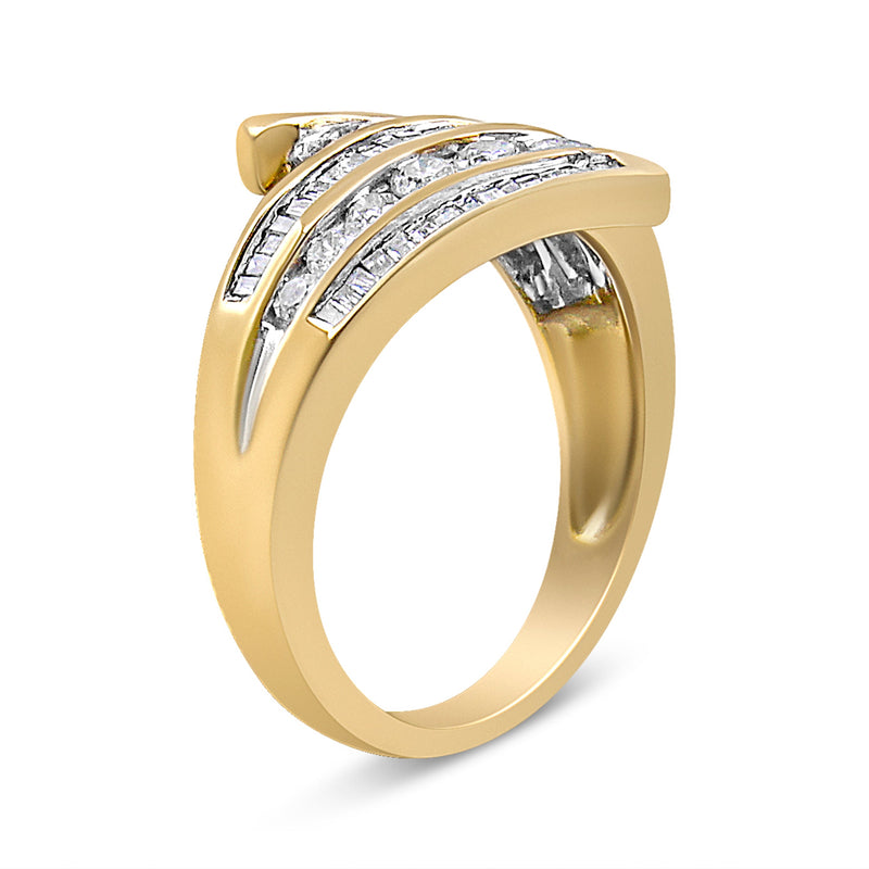Bids.com 10K Yellow Gold 1 Cttw Round and Baguette-Cut Diamond Multi Row Bypass Ring Band (H-I Color, I1-I2 Clarity) - Ring Size 7 Rings White Smoke 7 / Yellow.Gold