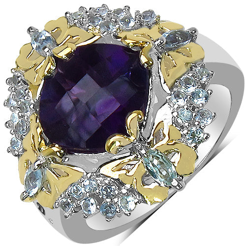 Bids.com 3.91 Carat Genuine Amethyst, Blue Topaz & White Diamond .925 Sterling Silver Ring Rings White Smoke size 8.00,size 6.00,size 7.00,size 9.00