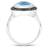 Bids.com 5.23 Carat Genuine Swiss Blue Topaz and Black Diamond .925 Sterling Silver Ring Rings White Smoke size 6.00,size 7.00,size 8.00,size 9.00,size 5.00