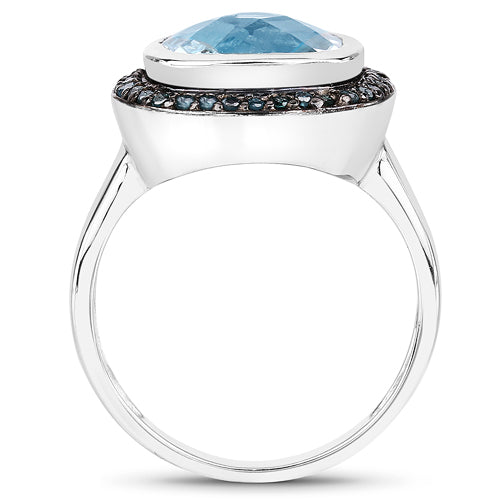 Bids.com 5.23 Carat Genuine Swiss Blue Topaz and Black Diamond .925 Sterling Silver Ring Rings White Smoke size 6.00,size 7.00,size 8.00,size 9.00,size 5.00