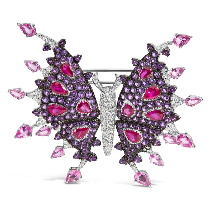 Bids.com 18K White Gold 1.00 Cttw Diamond, Ruby  Sapphire, and Amethyst Mixed Gemstone Butterfly Brooch Pin (G-H Color, VS1-VS2 Clarity) Accessories White Smoke White.Gold / 0.99