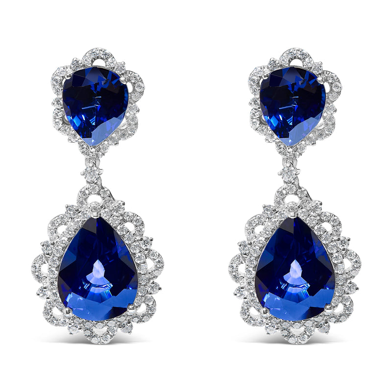 Bids.com 18K White Gold Blue Sapphire and Diamond 2.00 Cttw Diamond Halo Drop and Dangle Earring (G-H Color, SI1-SI2 Clarity) Earrings White Smoke White.Gold / 2.07