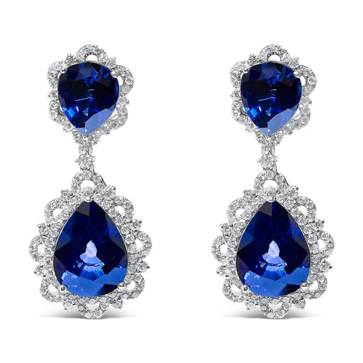 Bids.com 18K White Gold Blue Sapphire and Diamond 2.00 Cttw Diamond Halo Drop and Dangle Earring (G-H Color, SI1-SI2 Clarity) Earrings White Smoke White.Gold / 2.07
