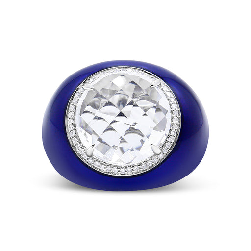 Bids.com 18K White Gold 14mm White Quartz and 1/5 Cttw Diamond Halo with Blue Enamel Dome Ring (F-G Color, VS1-VS2 Clarity) - Ring Size 7 Rings White Smoke 7 / White.Gold