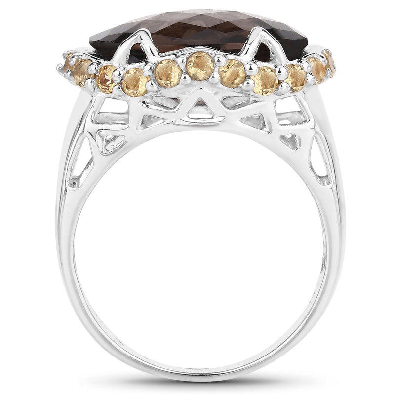 Bids.com 9.58 Carat Genuine Smoky Quartz and Citrine .925 Sterling Silver Ring Rings White Smoke size 7.00,size 5.00,size 6.00,size 8.00,size 9.00