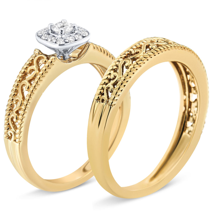 Bids.com 14K Yellow Gold Plated .925 Sterling Silver 1/5 Cttw Diamond Halo and Milgrain Finish Engagement Ring Bridal Set (I-J Color I3 Clarity) - Size 7 Rings White Smoke 9 / Yellow.Sterling Silver,6 / Yellow.Sterling Silver,8 / Yellow.Sterling Silver,5 / Yellow.Sterling Silver,10 / Yellow.Sterling Silver,11 / Yellow.Sterling Silver,12 / Yellow.Sterling Silver,7 / Yellow.Sterling Silver