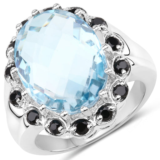 Bids.com 12.49 Carat Genuine Blue Topaz & Black Spinel .925 Sterling Silver Ring Rings White Smoke size 6.00,size 7.00,size 8.00,size 9.00,size 5.00