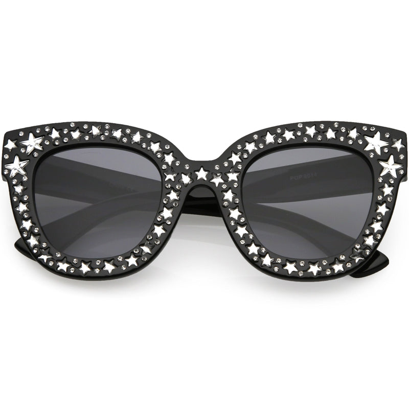 zeroUV Women's Trendy Star Rhinestone Horned Rim Sunglasses C579 Sunglasses Dark Slate Gray Black Smoke