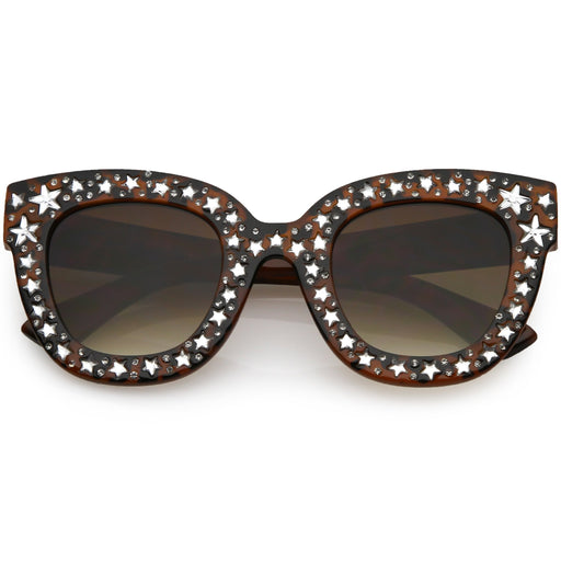 zeroUV Women's Trendy Star Rhinestone Horned Rim Sunglasses C579 Sunglasses White Smoke Black Smoke,Clear Smoke Gradient,Tortoise Amber