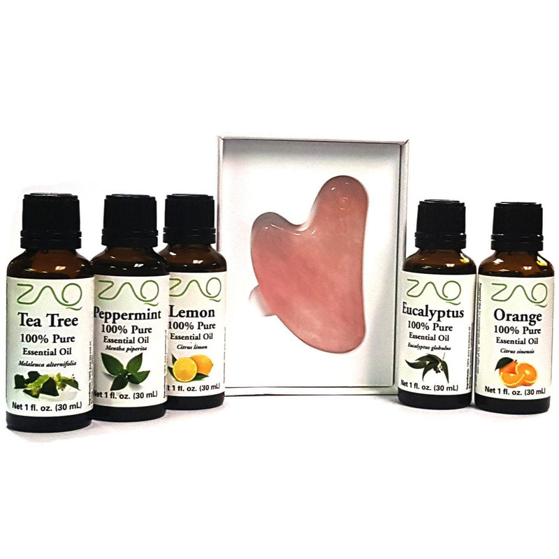 ZAQ Skin & Body 6PC SET - ROSE QUARTZ GUA SHA BOARD + 100 % Pure Essential Oils EUCALYPTUS, ORANGE, TEA TREE, PEPPERMINT, LEMON Black