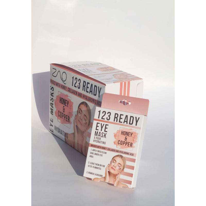 ZAQ Skin & Body 123 Ready HONEY & COPPER HYDRATING GEL EYE PATCHES Light Gray Retail Box - 9 Packs (45 Pairs)