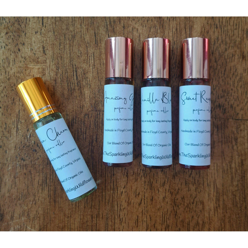 Sparkling Wildflower LLC. Perfume Roller Perfume Dark Olive Green Anxiety and Stress,Cashmere Lace,island nectar,lemon marshmallow whip,Oatmeal & Honey,pina colada,pineapple punch,pink coconut,salt water taffy,Spoil Me,Sweet Dreams,Vanilla Bean Dream