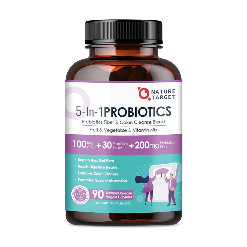 Nature Target 5-in-1 Digestive Health Probiotics with 100B CFUs + 200mg, 90 Vegan Caps Probiotic White Smoke