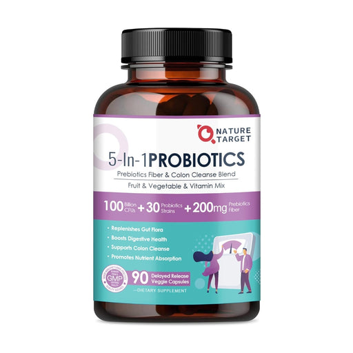 Nature Target 5-in-1 Digestive Health Probiotics with 100B CFUs + 200mg, 90 Vegan Caps Probiotic White Smoke