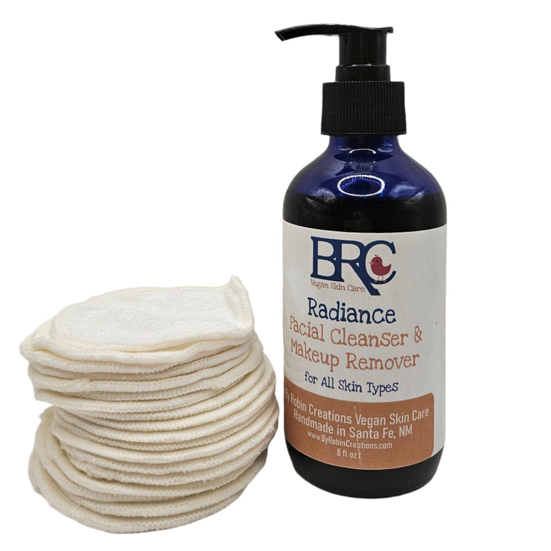 By Robin Creations Radiance Facial Cleanser & Makeup Remover Pads for All Skin Types White Smoke 20 Washable Organic Cotton Pads + 8oz Liquid in a Glass Pump Bottle