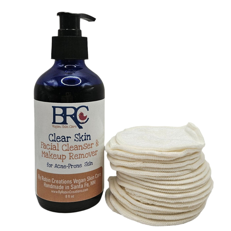 By Robin Creations Clear Skin Facial Cleanser & Makeup Remover Pads for Acne-Prone Skin Facial Cleansers White Smoke 20 Washable Organic Cotton Pads + 8oz Liquid in a Glass Pump Bottle