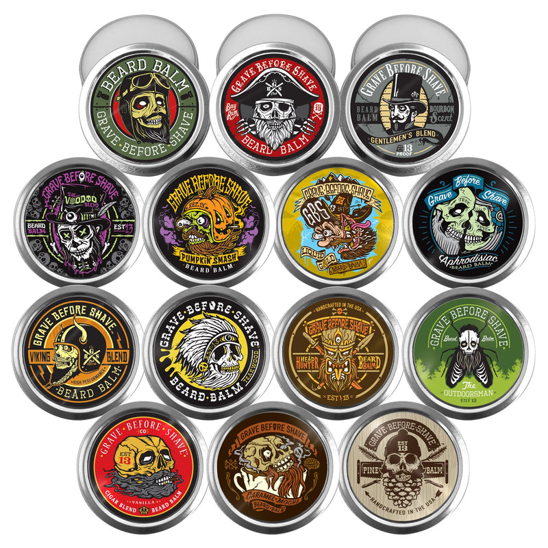 Grave Before Shave Grave Before Shave Beard Balm 2oz. tins Balms White Smoke OG Blend,Pine Scent,Viking Blend (no aroma),Bay Rum Blend,Gentlemen's Blend,Cigar Blend,Head Hunter Blend,Outdoorsman Blend,Caramel Mocha Blend,Tequila Limon Blend,Aphrodisiac Blend,Teakwood Blend,Pumpkin Smash (Pumpkin, rich vanilla and spice),Voodoo Ble
