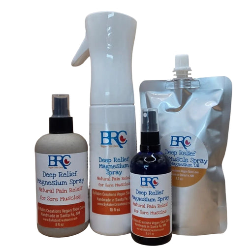 By Robin Creations Deep Relief Magnesium Spray for Sore Muscles Skin Care White Smoke 3.4oz Glass Bottle,8oz Biodegradable Bottle,10oz Plastic Flairosol Bottle,8.5oz Refill Pouch