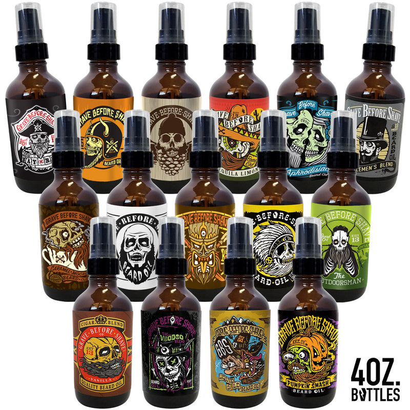 Grave Before Shave 4oz. BIG BOTTLE OF GRAVE BEFORE SHAVE™  BEARD OIL Beard Oil White Smoke OG (Citrus/Rosemary with Lemongrass after-notes),Pine Scent (Pine needle/Cedar-wood),Viking Blend (NO ADDED AROMA),Bay Rum Blend (Bay Rum/Coconut Scent),Gentlemen's Blend (Bourbon/Sandalwood Scent,Aphrodisiac Blend (Cedar/Leather Scent),Headhunter Blend (