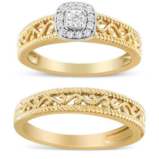 Bids.com 14K Yellow Gold Plated .925 Sterling Silver 1/5 Cttw Diamond Halo and Milgrain Finish Engagement Ring Bridal Set (I-J Color I3 Clarity) - Size 7 Rings White Smoke 9 / Yellow.Sterling Silver,6 / Yellow.Sterling Silver,8 / Yellow.Sterling Silver,5 / Yellow.Sterling Silver,10 / Yellow.Sterling Silver,11 / Yellow.Sterling Silver,12 / Yellow.Sterling Silver,7 / Yellow.Sterling Silver