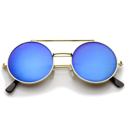 zeroUV Retro Round Steampunk Mirrored Lens Flip Up Sunglasses 8966 Sunglasses White Smoke Gold Orange,Silver Fire,Black Fire,Silver Ice,Gold Midnight,Gold Purple,Gold Ice,Black Ice,Black Midnight,Gold Rainbow,Black Rainbow