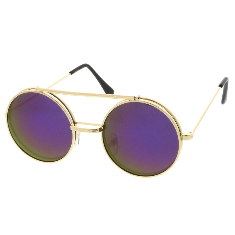 zeroUV Retro Round Steampunk Mirrored Lens Flip Up Sunglasses 8966 Sunglasses White Smoke Gold Purple