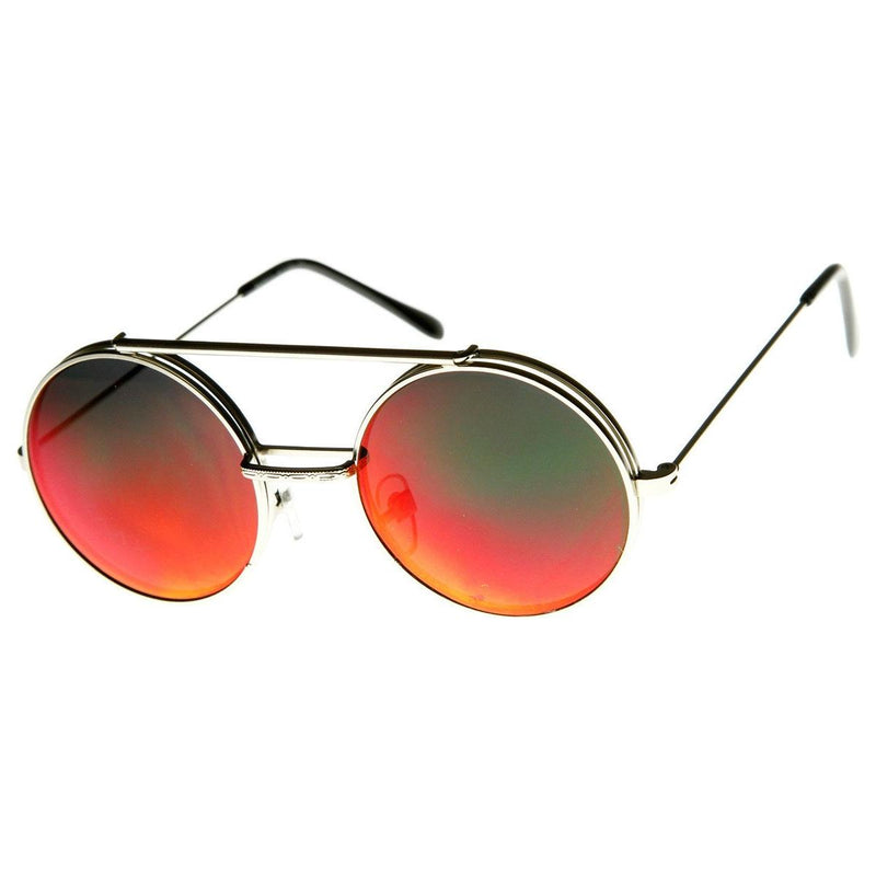 zeroUV Retro Round Steampunk Mirrored Lens Flip Up Sunglasses 8966 Sunglasses White Smoke Silver Fire