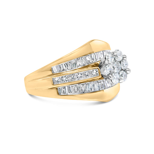 Bids.com 14K Yellow Gold 2-1/3 Cttw Diamond Cluster Channel Set Chevron Shaped Engagement Ring (H-I Color, SI1-SI2 Clarity) - Ring Size 7 Rings White Smoke 7 / Yellow.Gold,9 / Yellow.Gold,6 / Yellow.Gold,8 / Yellow.Gold,10 / Yellow.Gold,5.5 / Yellow.Gold,6.5 / Yellow.Gold,7.5 / Yellow.Gold,9.5 / Yellow.Gold,8.5 / Yellow.Gold