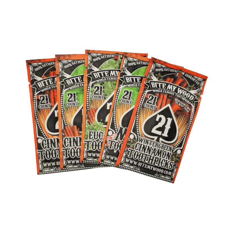BiteMyWood Flavored Birchwood Toothpicks Variety Pack, 21-Count Resealable Bags Beauty & Personal Care - Nasal & Oral Care - Dental Floss & Picks Light Gray Get All 5,Cinnamon,Cinnamint,Eucalyptus,Mint,Wintergreen
