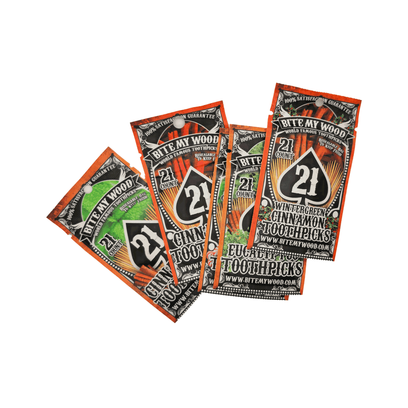 BiteMyWood Flavored Birchwood Toothpicks Variety Pack, 21-Count Resealable Bags Beauty & Personal Care - Nasal & Oral Care - Dental Floss & Picks White Smoke Get All 5,Cinnamon,Cinnamint,Eucalyptus,Mint,Wintergreen