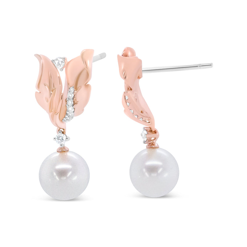 Bids.com 14K Rose Gold 1/6 Cttw Round Diamond and 8mm Round Pearl Floral Drop Stud Earrings (H-I Color, I1-I2 Clarity) Earrings White Smoke Rose.Gold / 0.15
