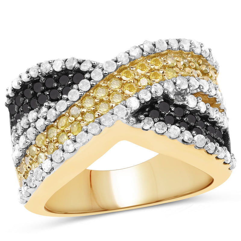 Bids.com 14K Yellow Gold Plated 1.58 Carat Genuine Black Diamond, White Diamond & Yellow Diamond .925 Sterling Silver Ring Rings White Smoke size 6.00,size 7.00,size 8.00,size 9.00,size 5.00,size 10.00